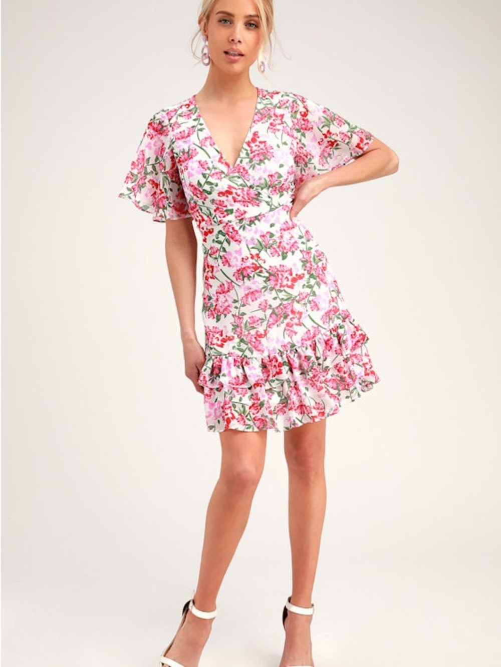 Lulu's Pink Floral Ruffle Mini Dress